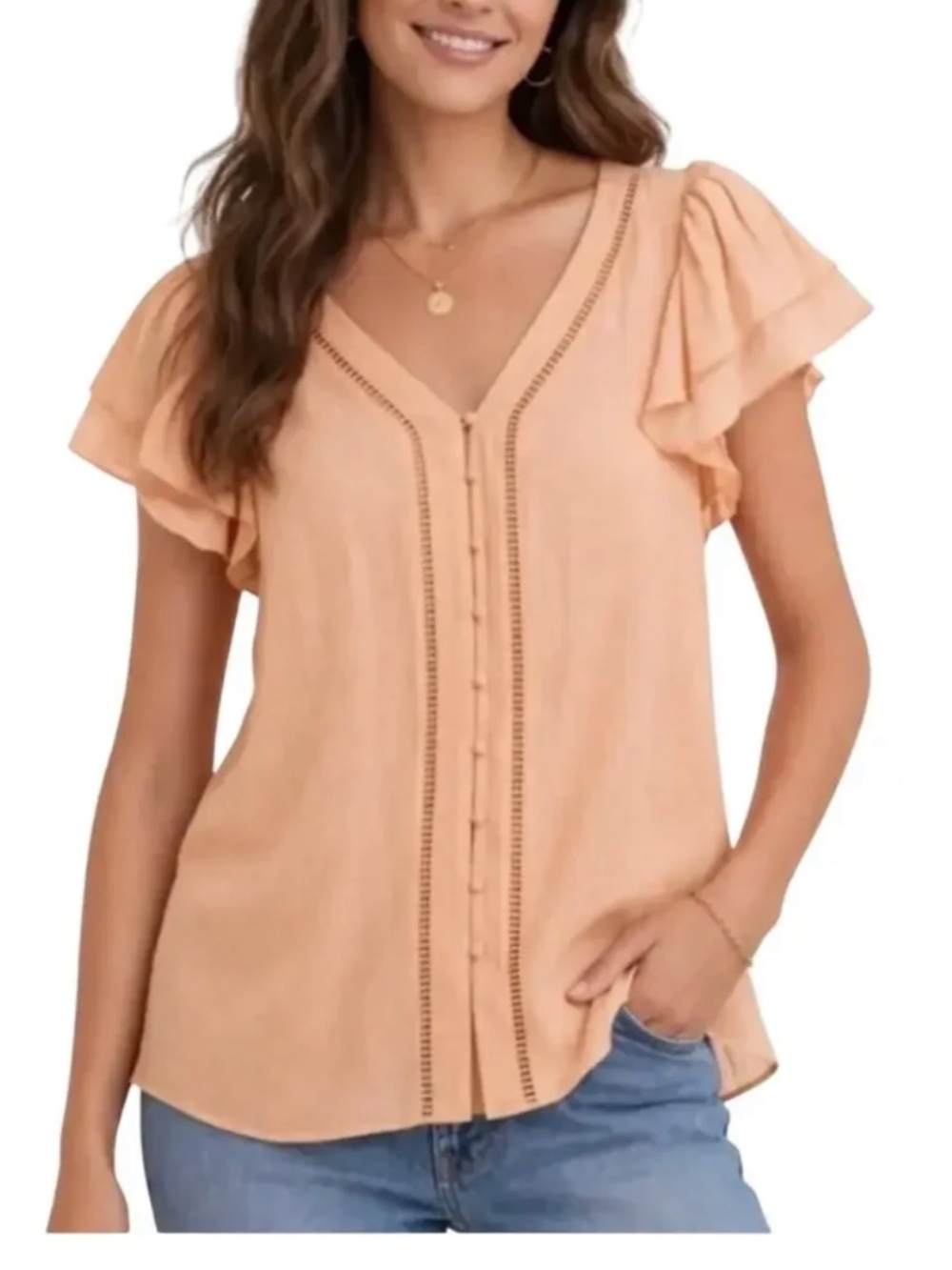 Joie Blouse Size S Peach Flutter Sleeve Button Front Lace Trim size Large